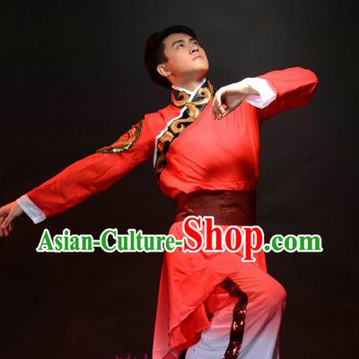 Traditional Chinese Classical Dance Yangge Fan Dance Costume, Folk Dance Drum Dance Uniform Yangko Red Clothing Complete Set for Men