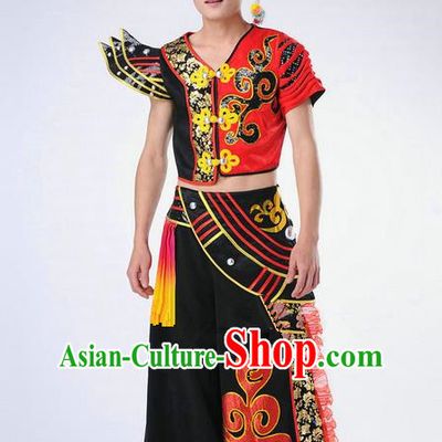 Traditional Chinese Yi Nationality Dancing Costume, Yi Nationality Male Folk Dance Clothing Complete Set, Chinese Yi Minority Nationality Embroidery Costume for Men