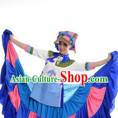 Traditional Chinese Yi Nationality Dancing Costume, Yi Zu Female Folk Dance Ethnic Pleated Skirt, Chinese Yi Minority Nationality Embroidery Costume for Women