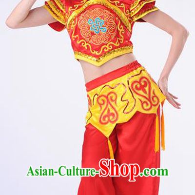 Traditional Chinese Classical Dance Yangge Fan Dancing Costume, Folk Dance Drum Dance Yangko Red Costume Complete Set For Women
