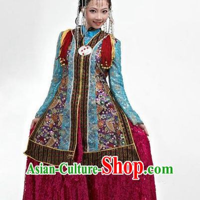 Traditional Chinese Mongol Nationality Dancing Costume, Mongols Female Folk Dance Ethnic Pleated Skirt, Chinese Mongolian Minority Nationality Embroidery Clothing Complete Set for Women