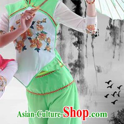 Traditional Chinese Classical Dance Yangge Fan Dancing Umbrella Dance Costume, Folk Dance Drum Dance Uniform Yangko Green Clothing Complete Set for Women