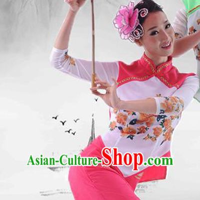 Traditional Chinese Classical Dance Yangge Fan Dancing Umbrella Dance Costume, Folk Dance Drum Dance Uniform Yangko Pink Clothing Complete Set for Women