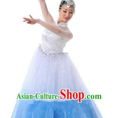 Traditional Chinese Classical Dance Fan Dancing Umbrella Dance Costume, Folk Dance Opening Dance Uniform Bubble Long Dress for Women