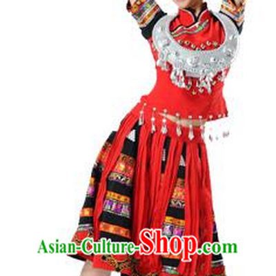 Traditional Chinese Miao Nationality Dancing Costume, Hmong Female Folk Dance Ethnic Short Red Pleated Skirt, Chinese Minority Nationality Embroidery Costume for Women