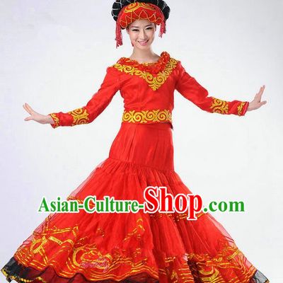 Traditional Chinese Yi Nationality Dancing Costume, Yi Zu Female Folk Dance Ethnic Red Pleated Skirt, Chinese Yi Minority Nationality Embroidery Costume for Women
