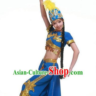 Traditional Chinese Uyghur Nationality Dancing Costume, Folk Dance Ethnic Clothing Blue Uniform, Chinese Minority Nationality Uigurian Dance Costume for Women