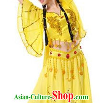 Traditional Chinese Uyghur Nationality Dancing Costume, Folk Dance Ethnic Clothing Yellow Dress, Chinese Minority Nationality Uigurian Dance Costume for Women