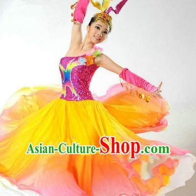 Chinese Classic Stage Performance Chorus Singing Group Dance Costumes, Opening Dance Folk Dance Dress, Classic Dance Clothing for Women