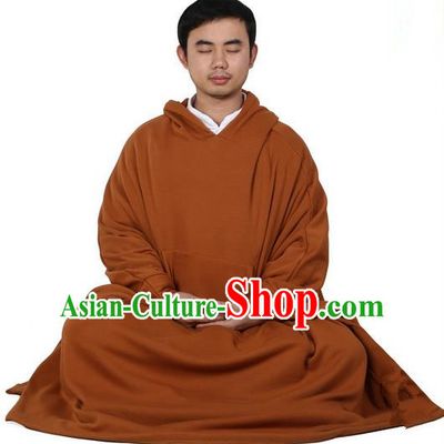 Top Kung Fu Costume Martial Arts Dark Yellow Cloak Pulian Zen Clothing, Tai Ji Mantle Gongfu Shaolin Wushu Tai Chi Meditation Hooded Cape for Men