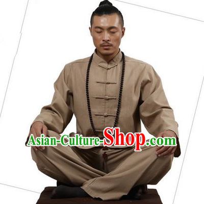 Top Grade Kung Fu Costume Martial Arts Khaki Linen Suits Pulian Zen Clothing, Training Costume Tai Ji Uniforms Gongfu Shaolin Wushu Tai Chi Clothing for Men