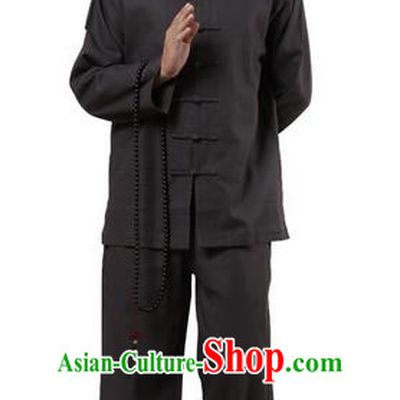Top Grade Kung Fu Costume Martial Arts Black Linen Suits Pulian Zen Clothing, Training Costume Tai Ji Uniforms Gongfu Shaolin Wushu Tai Chi Clothing for Men