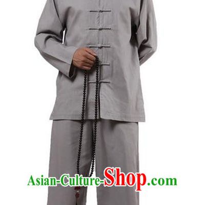 Top Grade Kung Fu Costume Martial Arts Grey Linen Suits Pulian Zen Clothing, Training Costume Tai Ji Uniforms Gongfu Shaolin Wushu Tai Chi Clothing for Men