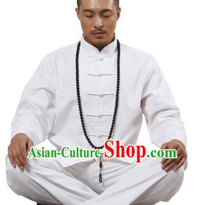 Top Grade Kung Fu Costume Martial Arts White Linen Suits Pulian Zen Clothing, Training Costume Tai Ji Uniforms Gongfu Shaolin Wushu Tai Chi Clothing for Men