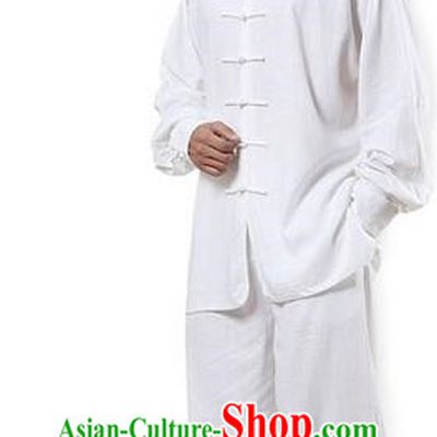 Top Grade Kung Fu Costume Martial Arts White Linen Suits Pulian Zen Clothing, Training Costume Tai Ji Uniforms Gongfu Shaolin Wushu Tai Chi Plated Buttons Clothing for Men