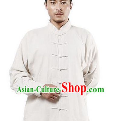 Top Grade Kung Fu Costume Martial Arts Beige Linen Suits Pulian Zen Clothing, Training Costume Tai Ji Uniforms Gongfu Shaolin Wushu Tai Chi Plated Buttons Clothing for Men