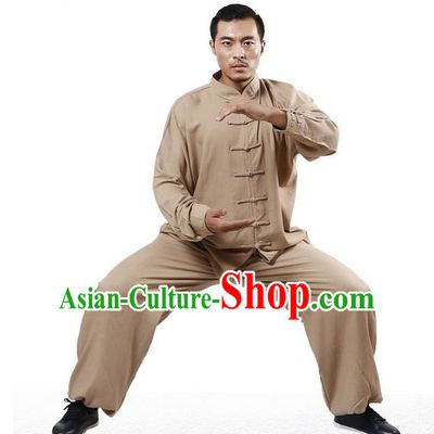 Top Grade Kung Fu Costume Martial Arts Khaki Linen Suits Pulian Zen Clothing, Training Costume Tai Ji Uniforms Gongfu Shaolin Wushu Tai Chi Plated Buttons Clothing for Men