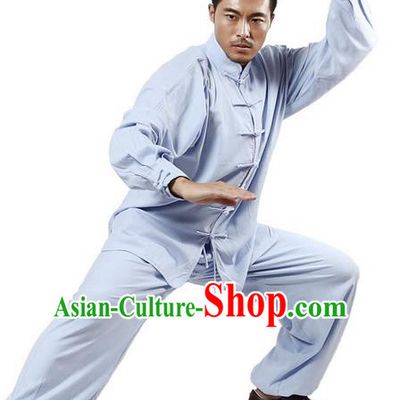Top Grade Kung Fu Costume Martial Arts Blue Linen Suits Pulian Zen Clothing, Training Costume Tai Ji Uniforms Gongfu Shaolin Wushu Tai Chi Plated Buttons Clothing for Men