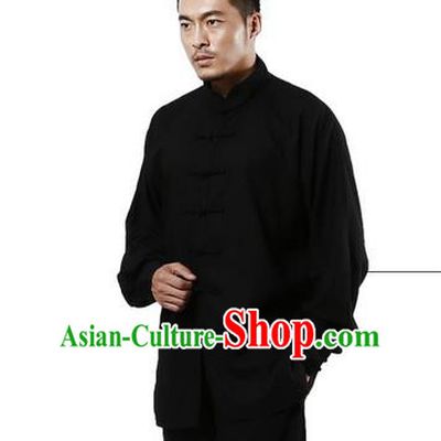 Top Grade Kung Fu Costume Martial Arts Black Linen Suits Pulian Zen Clothing, Training Costume Tai Ji Uniforms Gongfu Shaolin Wushu Tai Chi Plated Buttons Clothing for Men