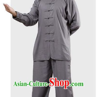 Top Grade Kung Fu Costume Martial Arts Grey Linen Suits Pulian Zen Clothing, Training Costume Tai Ji Uniforms Gongfu Shaolin Wushu Tai Chi Plated Buttons Clothing for Men