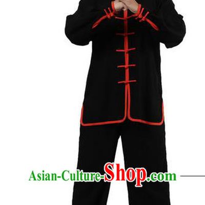 Top Grade Kung Fu Costume Martial Arts Black Red Edge Suits Pulian Zen Clothing, Training Costume Tai Ji Uniforms Gongfu Shaolin Wushu Tai Chi Plated Buttons Clothing for Men