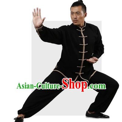 Top Grade Kung Fu Costume Martial Arts Black Grey Edge Suits Pulian Zen Clothing, Training Costume Tai Ji Uniforms Gongfu Shaolin Wushu Tai Chi Plated Buttons Clothing for Men