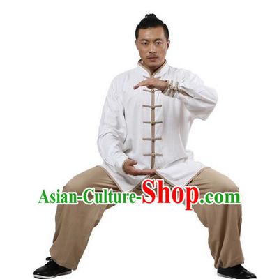Top Grade Kung Fu Costume Martial Arts White Khaki Edge Suits Pulian Zen Clothing, Training Costume Tai Ji Uniforms Gongfu Shaolin Wushu Tai Chi Plated Buttons Clothing for Men