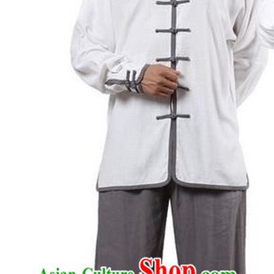 Top Grade Kung Fu Costume Martial Arts White Grey Edge Suits Pulian Zen Clothing, Training Costume Tai Ji Uniforms Gongfu Shaolin Wushu Tai Chi Plated Buttons Clothing for Men