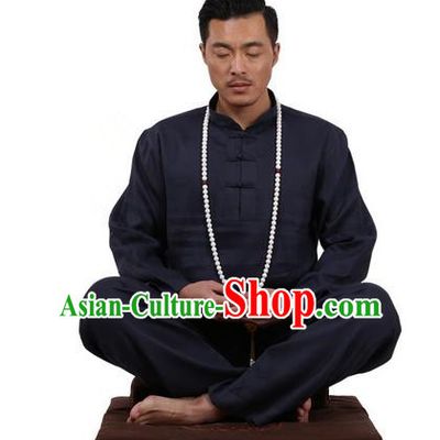 Top Grade Kung Fu Costume Martial Arts Navy Ice Silk Linen Suits Pulian Zen Clothing, Training Costume Tai Ji Uniforms Gongfu Shaolin Wushu Tai Chi Plated Buttons Clothing for Men