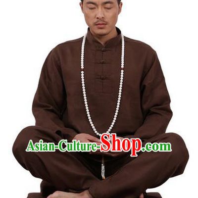 Top Grade Kung Fu Costume Martial Arts Coffee Ice Silk Linen Suits Pulian Zen Clothing, Training Costume Tai Ji Uniforms Gongfu Shaolin Wushu Tai Chi Plated Buttons Clothing for Men