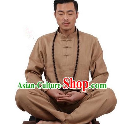 Top Grade Kung Fu Costume Martial Arts Khaki Ice Silk Linen Suits Pulian Zen Clothing, Training Costume Tai Ji Uniforms Gongfu Shaolin Wushu Tai Chi Plated Buttons Clothing for Men