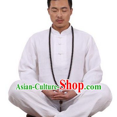 Top Grade Kung Fu Costume Martial Arts White Ice Silk Linen Suits Pulian Zen Clothing, Training Costume Tai Ji Uniforms Gongfu Shaolin Wushu Tai Chi Plated Buttons Clothing for Men