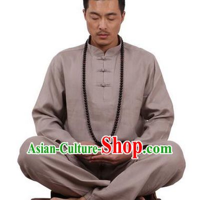 Top Grade Kung Fu Costume Martial Arts Grey Ice Silk Linen Suits Pulian Zen Clothing, Training Costume Tai Ji Uniforms Gongfu Shaolin Wushu Tai Chi Plated Buttons Clothing for Men
