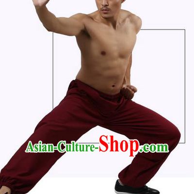 Top Grade Kung Fu Costume Martial Arts Wine Red Linen Pants Pulian Zen Clothing, Training Bloomers Gongfu Trousers Shaolin Wushu Tai Chi Plus Fours for Men