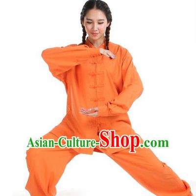 Top Kung Fu Costume Pulian Clothing Martial Arts Army Orange Linen Suits, Training Costume Tai Ji Uniforms Gongfu Shaolin Wushu Tai Chi Clothing for Women