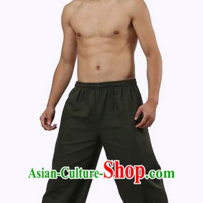 Top Grade Kung Fu Costume Martial Arts Army Green Linen Pants Pulian Zen Clothing, Training Bloomers Gongfu Trousers Shaolin Wushu Tai Chi Plus Fours for Men