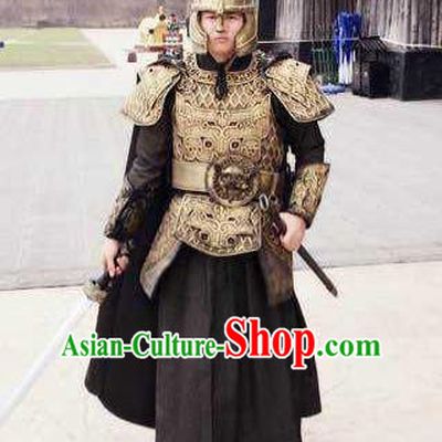 Traditional Chinese Ancient Imperial Bodyguard Armour Costume, Tokgo World China Northern and Southern Dynasties Soldier General Helmet and Armour Complete Set for Men