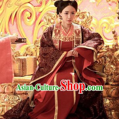Traditional Chinese Ancient Imperial Empress Costume and Headpiece Complete Set, Chinese Northern and Southern Dynasties Television Tokgo World Queen Embroidered Hanfu Clothing for Women