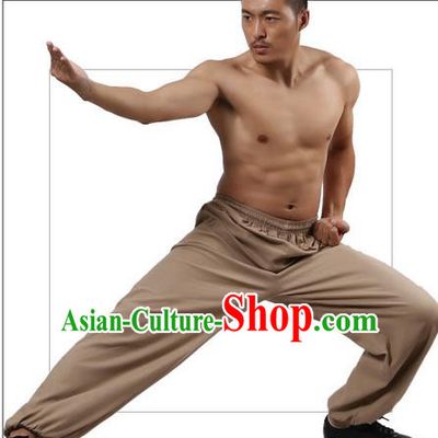Top Grade Kung Fu Costume Martial Arts Khaki Linen Pants Pulian Zen Clothing, Training Bloomers Gongfu Trousers Shaolin Wushu Tai Chi Plus Fours for Men