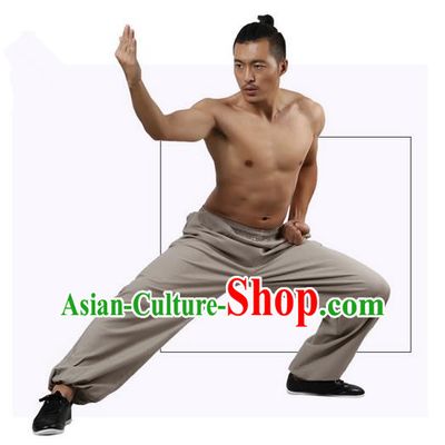 Top Grade Kung Fu Costume Martial Arts Grey Linen Pants Pulian Zen Clothing, Training Bloomers Gongfu Trousers Shaolin Wushu Tai Chi Plus Fours for Men