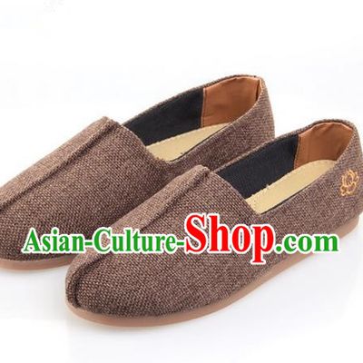 Top Grade Kung Fu Martial Arts Shoes Pulian Zen Shoes, Chinese Traditional Tai Chi Fine Linen Brown Shoes for Women for Men