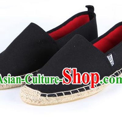 Top Grade Kung Fu Martial Arts Shoes Pulian Shoes, Chinese Traditional Tai Chi Linen Black Shoes Monk Straw Cloth Shoes for Women for Men
