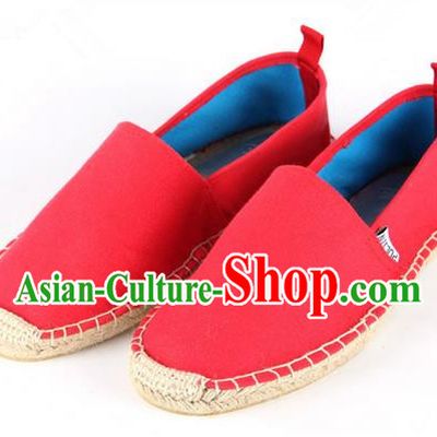 Top Grade Kung Fu Martial Arts Shoes Pulian Shoes, Chinese Traditional Tai Chi Linen Red Shoes Monk Straw Cloth Shoes for Women for Men