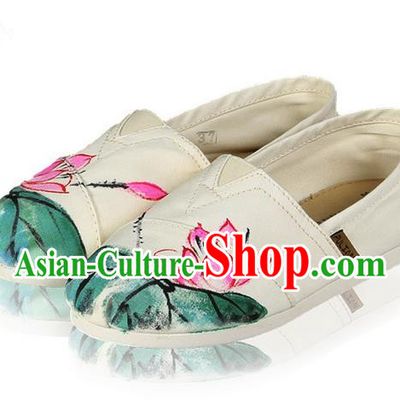 Top Grade Kung Fu Martial Arts Shoes Pulian Shoes, Chinese Traditional Tai Chi Linen Painting Pink Lotus Shoes Cloth Zen Shoes for Women