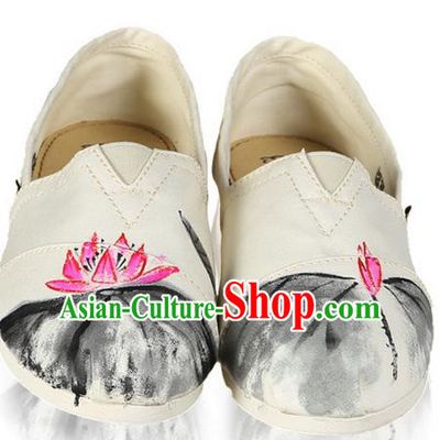 Top Grade Kung Fu Martial Arts Shoes Pulian Shoes, Chinese Traditional Tai Chi Linen Ink Painting Pink Lotus Shoes Cloth Zen Shoes for Women