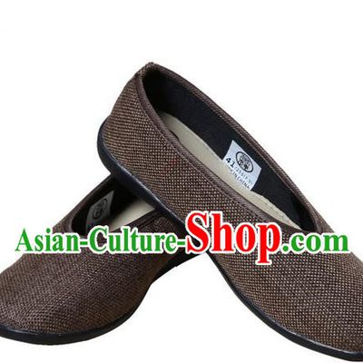 Top Grade Kung Fu Martial Arts Shoes Pulian Shoes, Chinese Traditional Tai Chi Fine Linen Cloth Zen Brown Shoes for Women for Men
