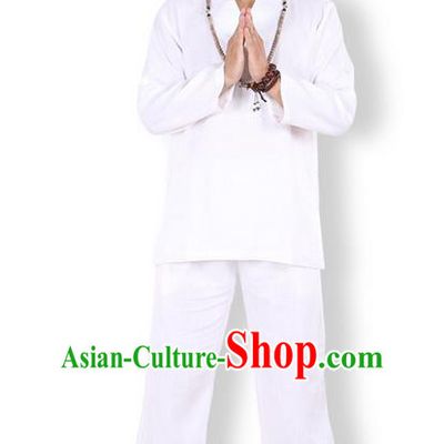 Top Grade Kung Fu Costume Martial Arts Linen Meditation Suits Pulian Zen Clothing, Training Costume Tai Ji White Uniforms Gongfu Shaolin Wushu Tai Chi Clothing for Men