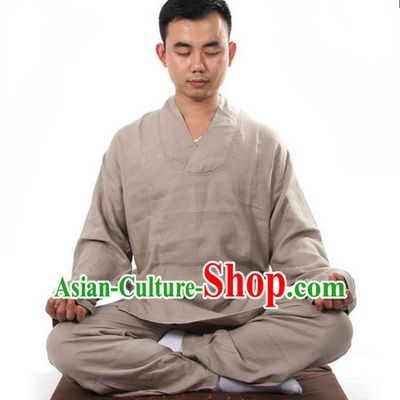 Top Grade Kung Fu Costume Martial Arts Linen Meditation Suits Pulian Zen Clothing, Training Costume Tai Ji Khaki Uniforms Gongfu Shaolin Wushu Tai Chi Clothing for Men