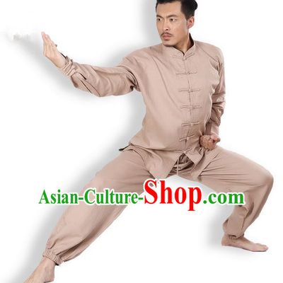 Top Grade Kung Fu Costume Martial Arts Khaki Linen Suits Pulian Zen Clothing, Training Costume Tai Ji Meditation Uniforms Gongfu Wushu Tai Chi Plated Buttons Clothing for Men