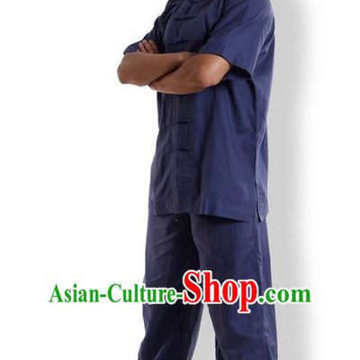 Top Grade Kung Fu Costume Martial Arts Blue Linen Suits Pulian Zen Clothing, Training Costume Tai Ji Meditation Uniforms Gongfu Wushu Tai Chi Short Sleeve Clothing for Men